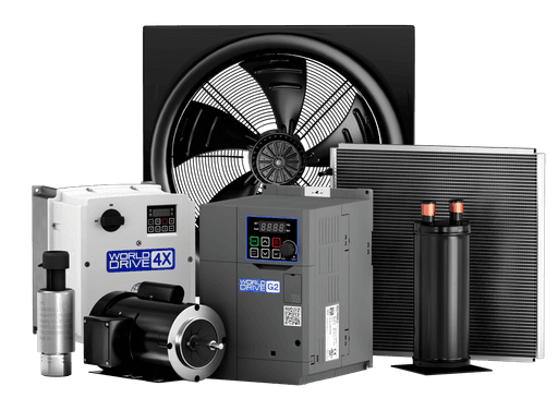 Collection of industrial components including a motor, control panel, and cooling system on a transparent background.